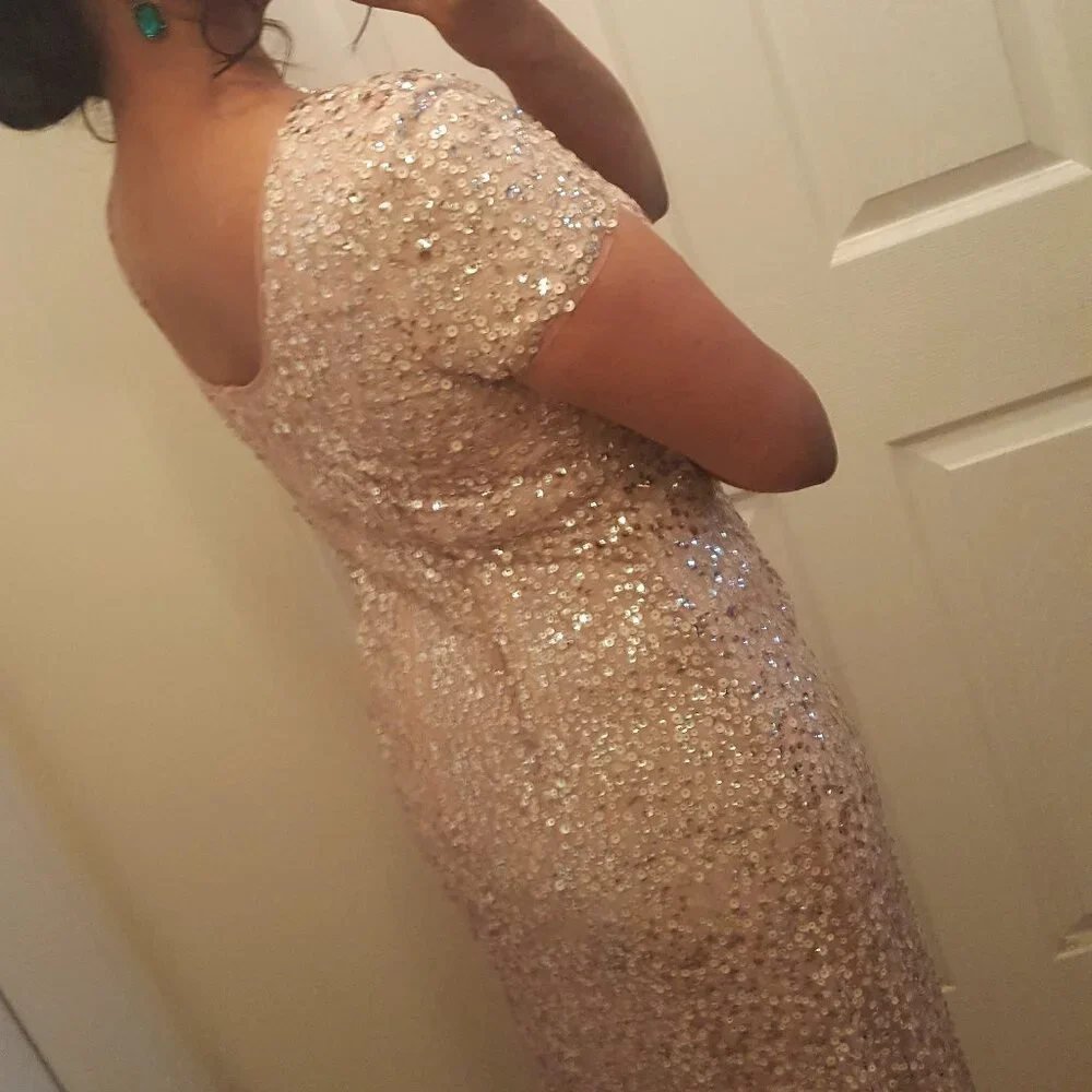 Gold / Beige Sequin, Floor Length, Short Sleeve Dress - Picture 3 of 7